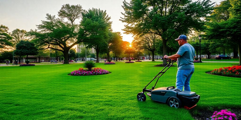 Giardiniere cura prato e piante in un parco pubblico
