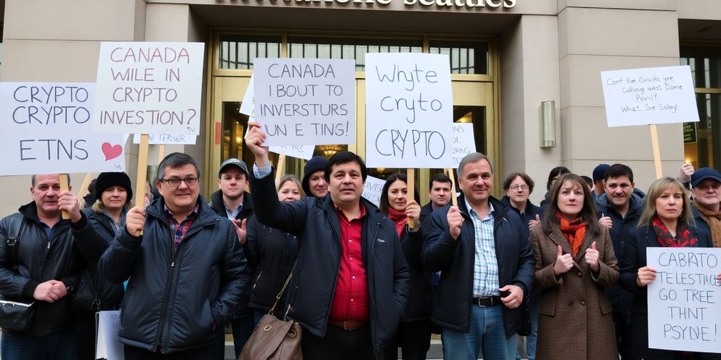 Frustrated investors protesting against crypto ETN regulations in Canada.