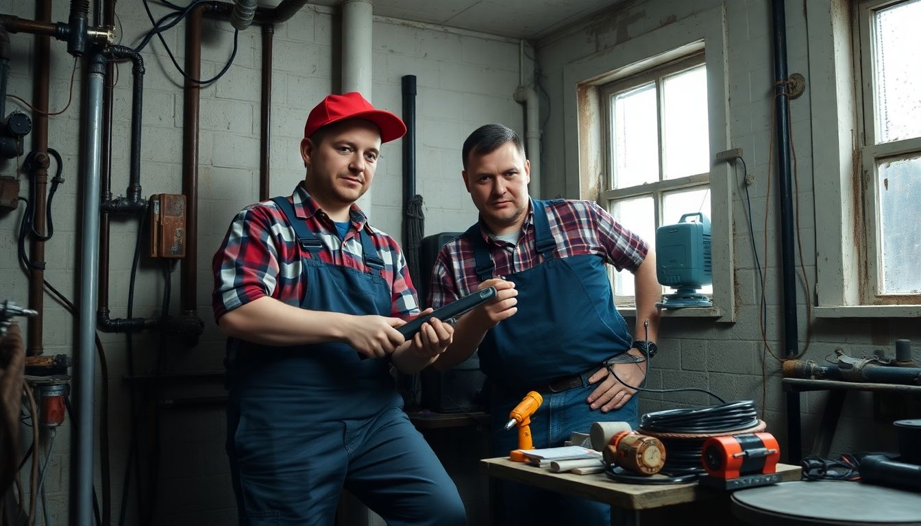 Plumber and electrician working in an old house.
