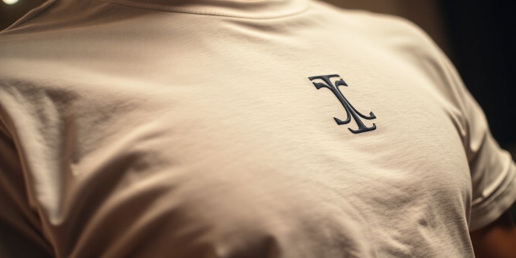 Close-up of a designer T-shirt with unique logo.