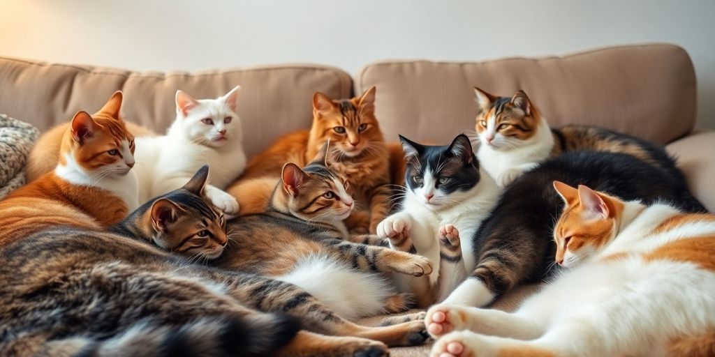 Multiple cats lounging together in a cozy living room.