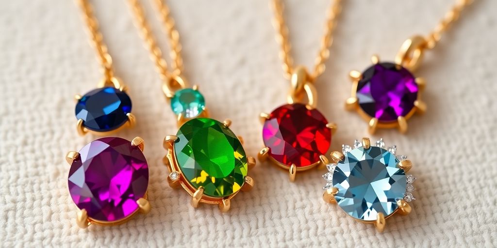 Bijoux en or avec pierres de naissance colorées.