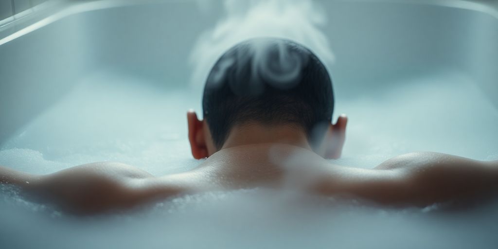 Person relaxing in a warm, steamy bath.