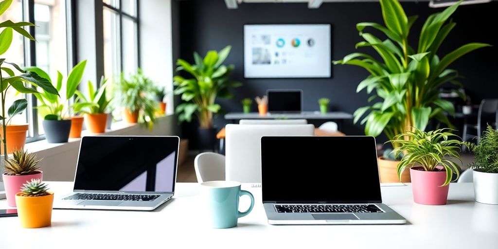 A modern startup workspace with laptops and coffee.