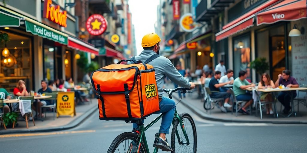 Cyclist delivering food in a busy city street.