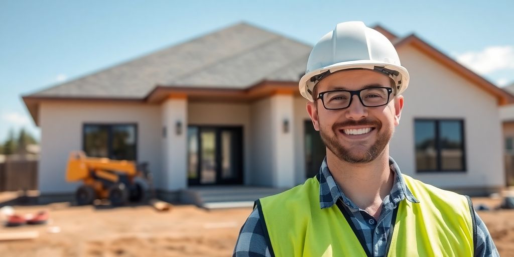 Construction contractor smiling, standing in front of new home.