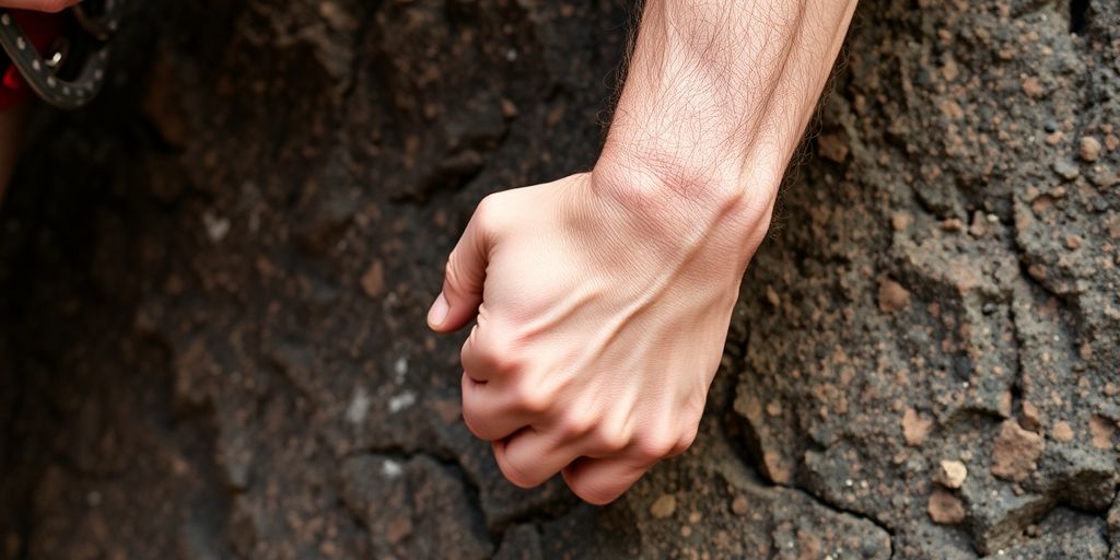 Muscles straining as a person climbs a rock face.