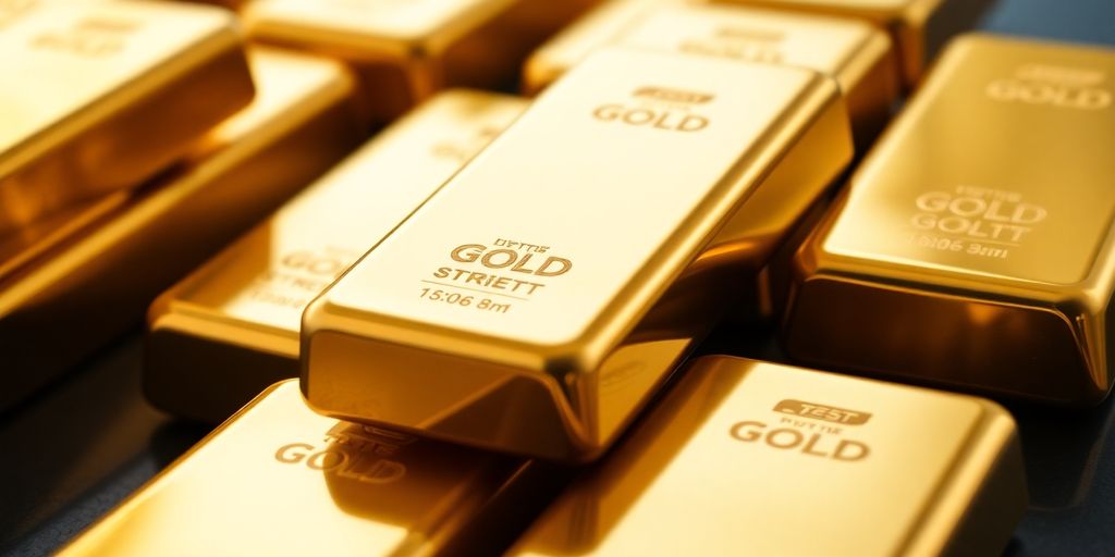 Des lingots d'or empilés sur une surface sombre.