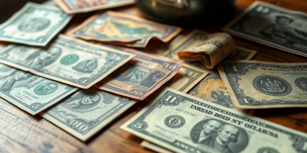 Vintage paper currency collection on a wooden table.