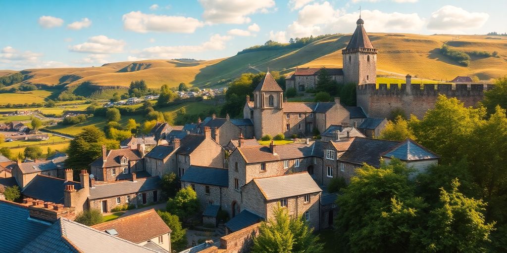 Historic Welsh city with stone buildings and green hills.