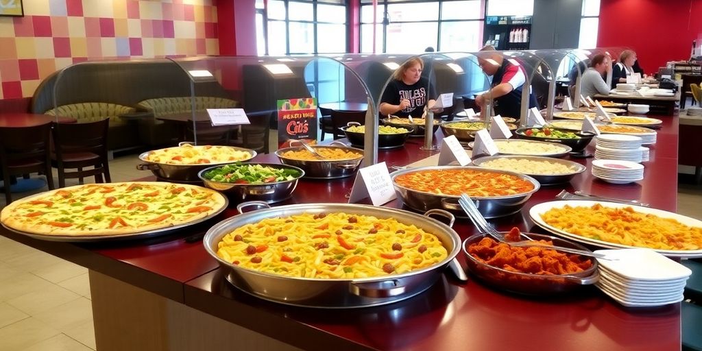 CiCi's Pizza buffet with various dishes and family setting.