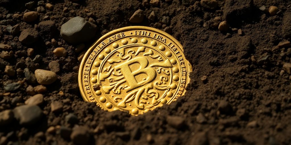 Une pièce d'or ancienne partiellement enfouie dans la terre.