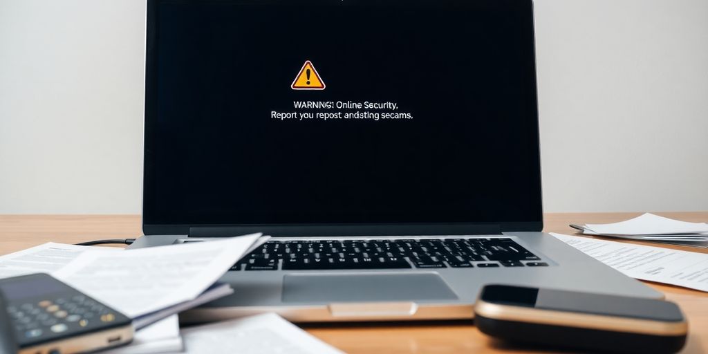 Laptop with warning message about online scams.