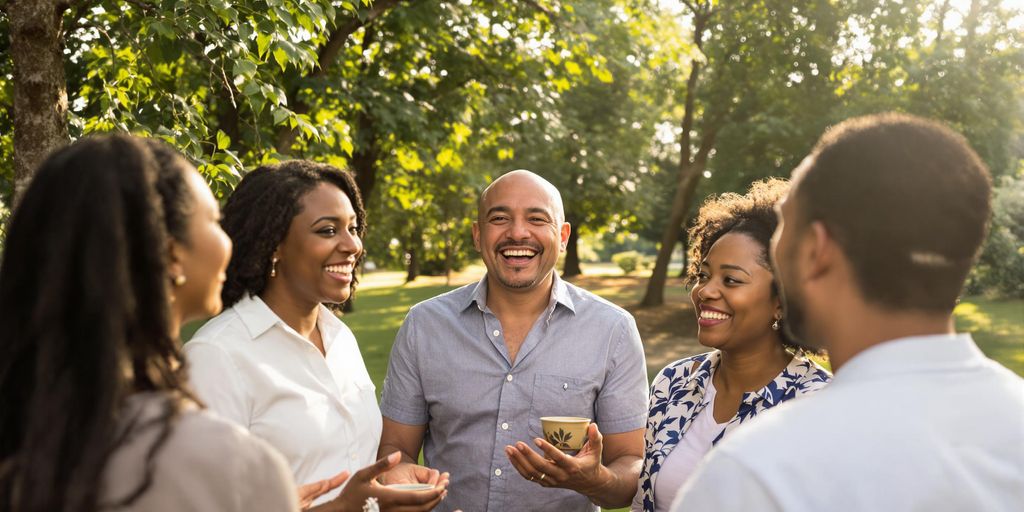 Grupo de pessoas felizes conversando na natureza.