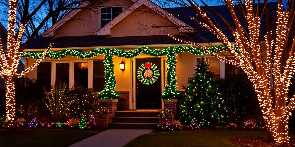 Professionally installed Christmas lights on a house.