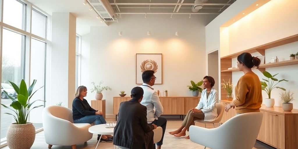 Interior de clínica de bem-estar moderno e elegante.