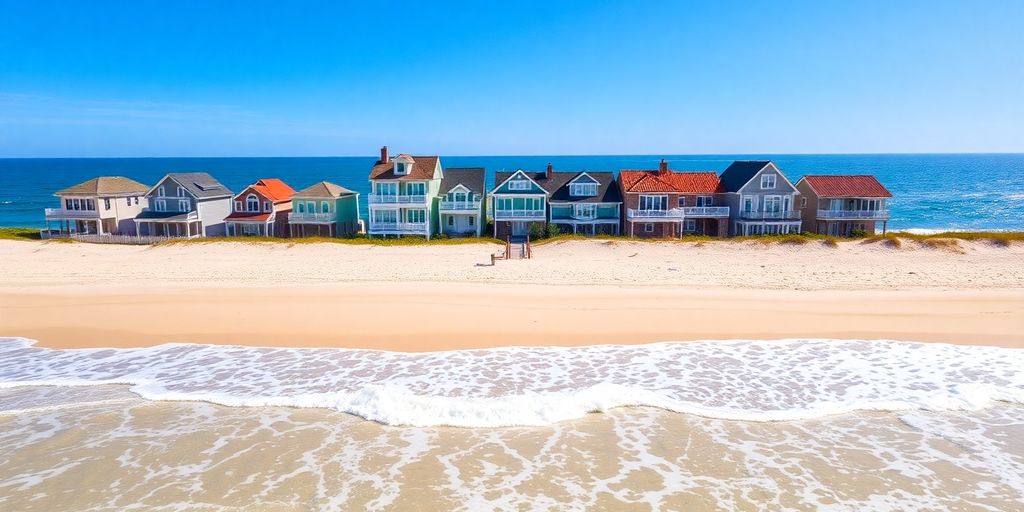 Coastal homes line sandy beach with ocean view.