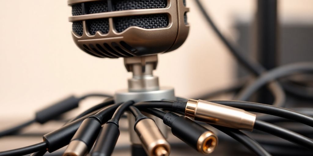 Podcast microphone with audio connectors.