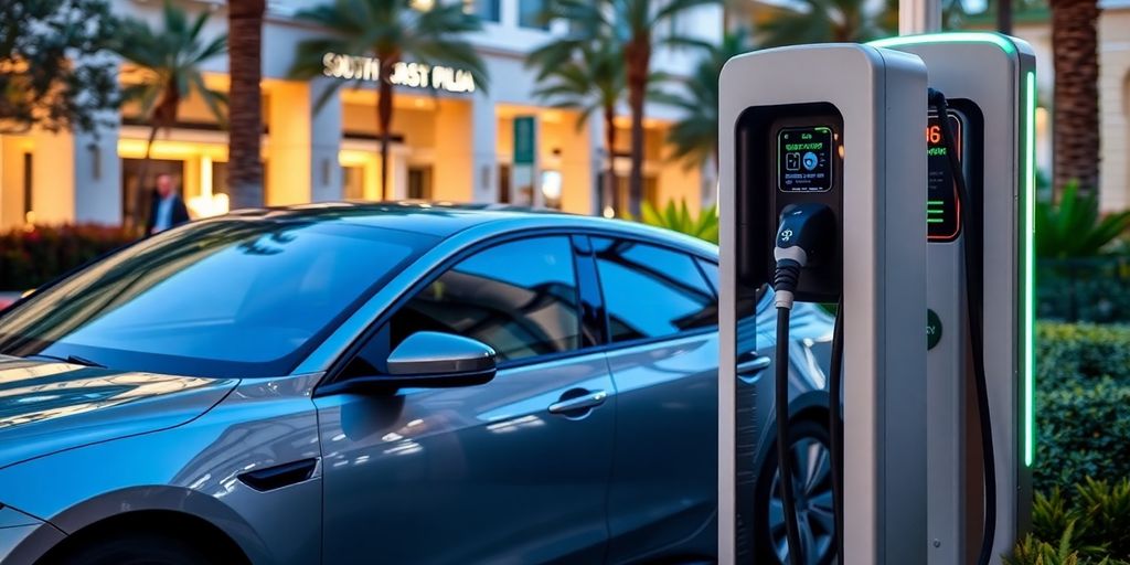 Electric vehicle charging station with a car at South Coast Plaza.
