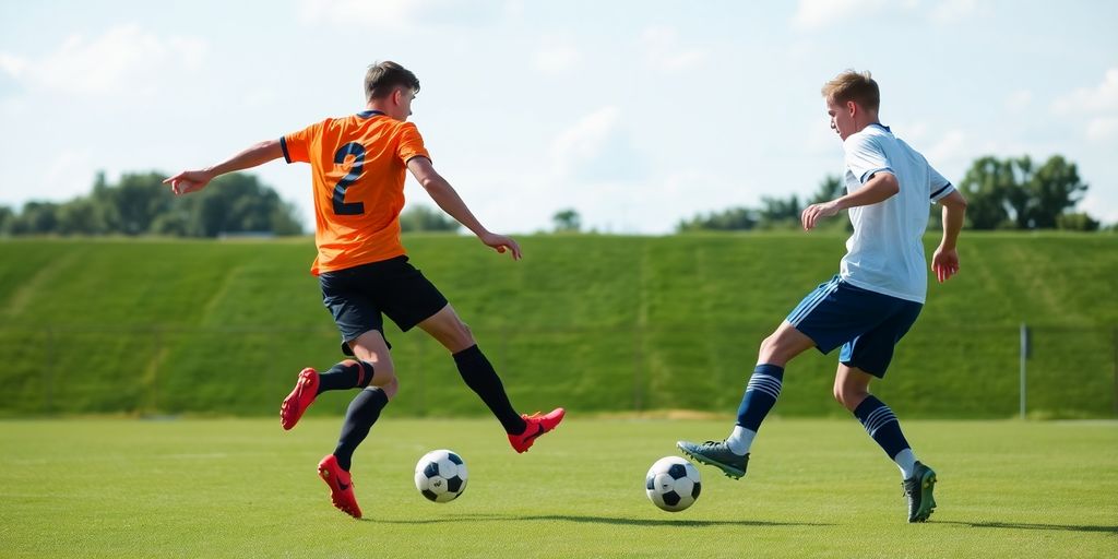 Soccer players in action on a lush green field.
