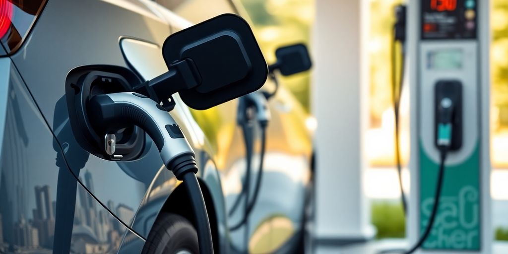 Electric car charging next to a gas pump.