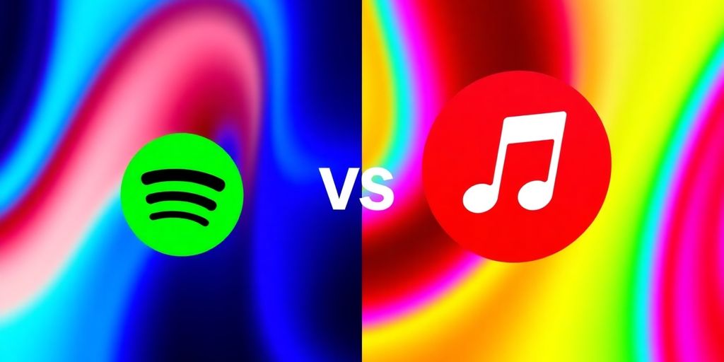 Apple Music and Spotify logos on a colorful background.