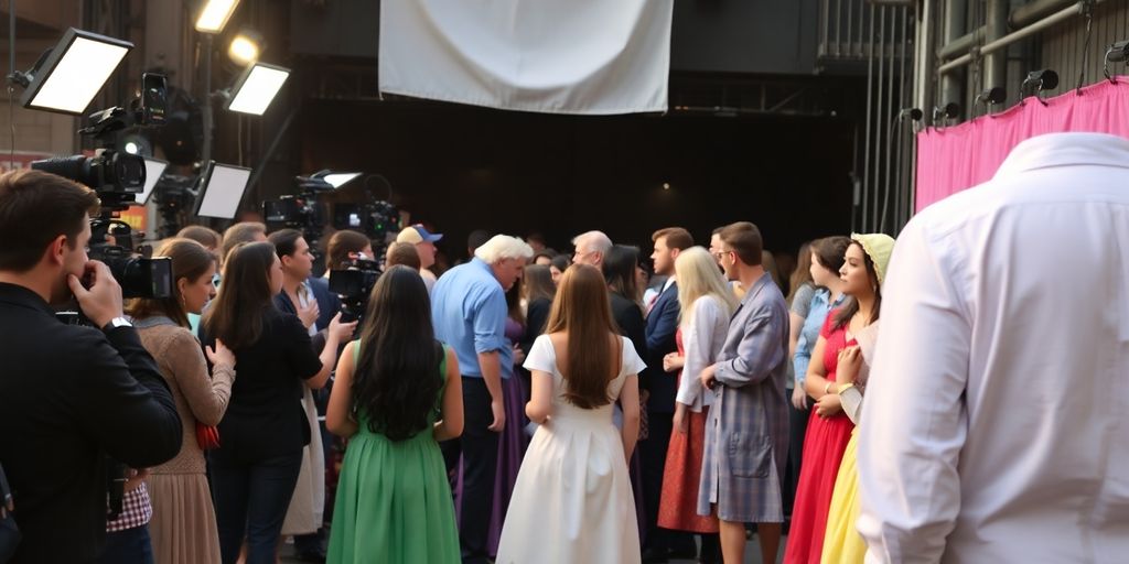 Diverse group of extras on a bustling movie set.
