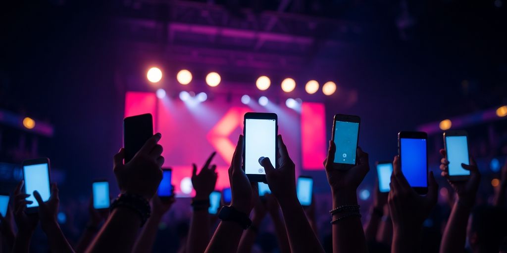 A diverse crowd of cheering fans at a concert.