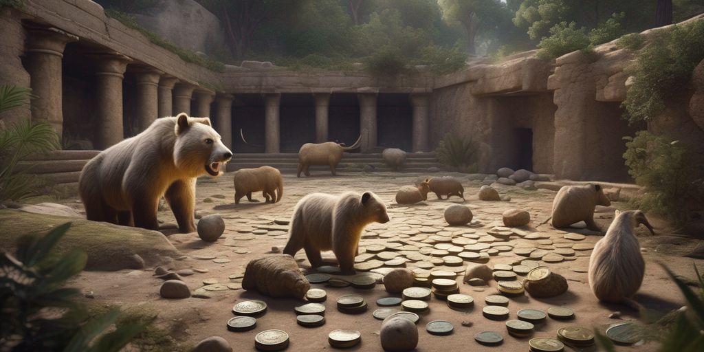 animals discovering ancient coins in an archaeological site