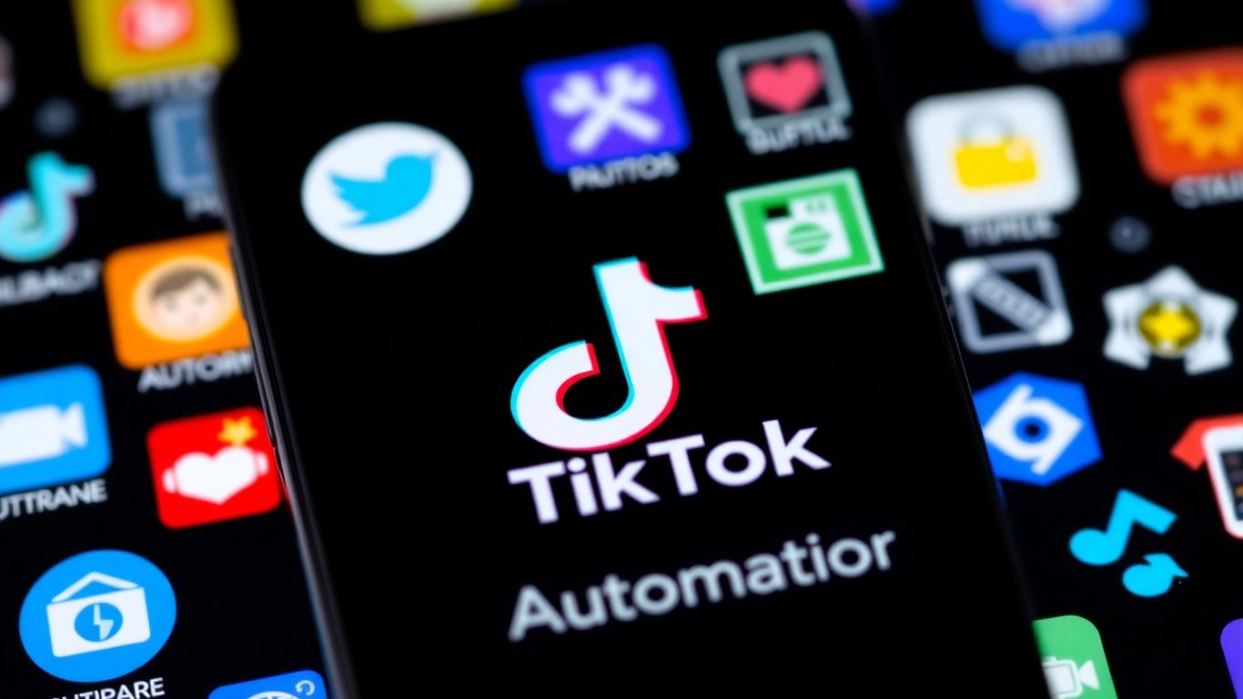 Smartphone displaying TikTok logo with colorful icons around.