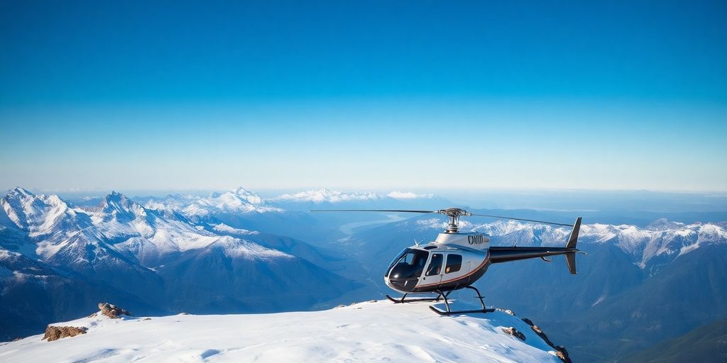 A helicopter landed on a snowy Alaskan mountain peak.