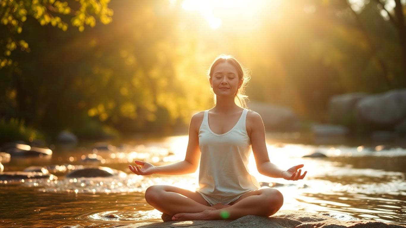 Person meditating peacefully in a serene natural setting.