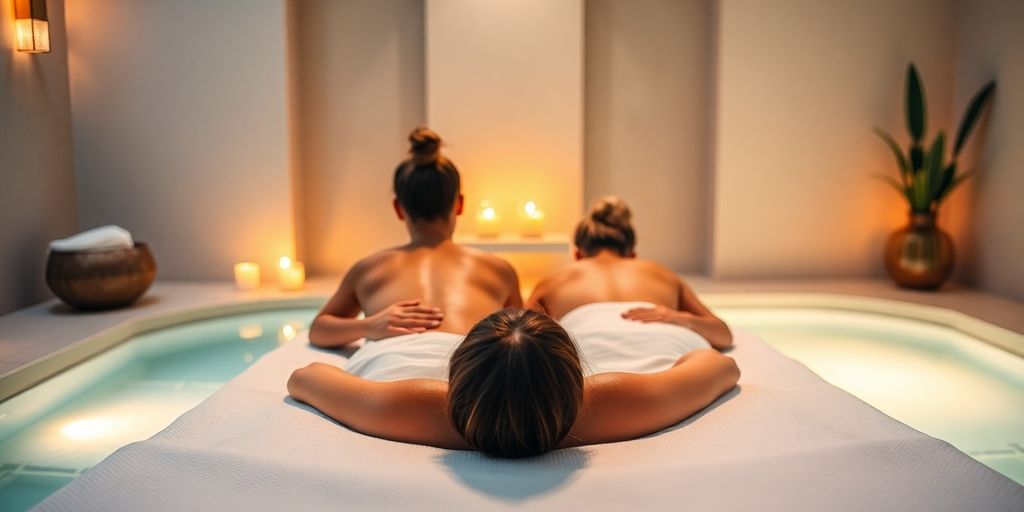 Couple relaxing in a serene spa with soft lighting.