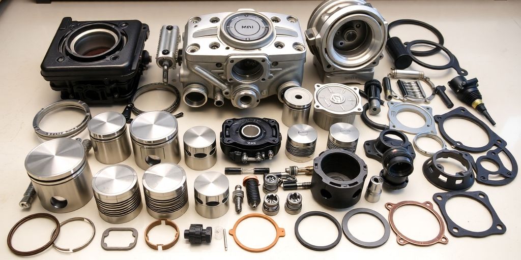 Mini Cooper engine parts laid out.