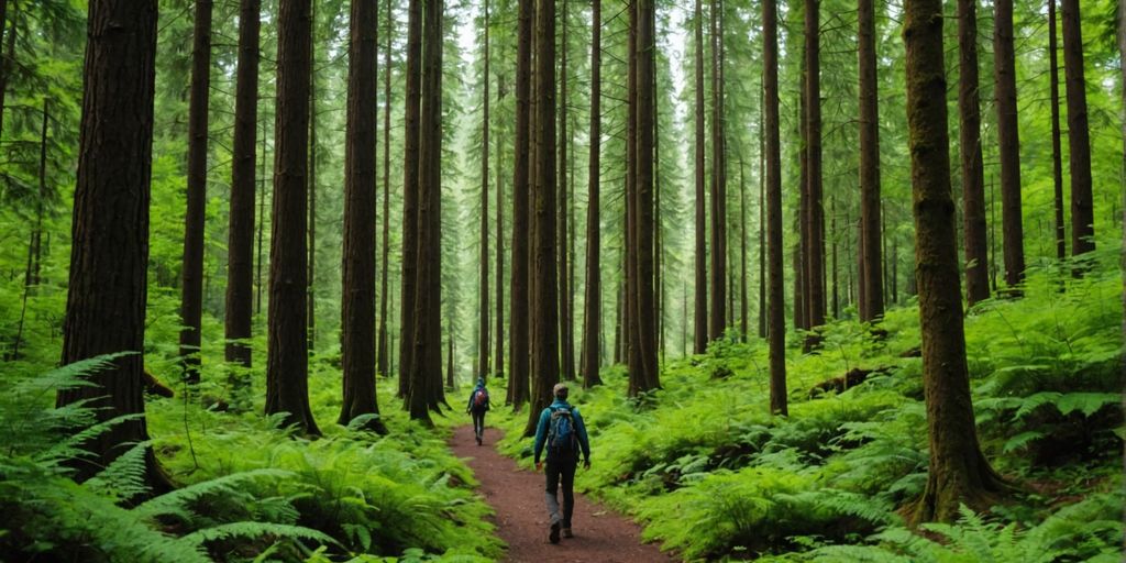 Hiker walking in a lush green forest