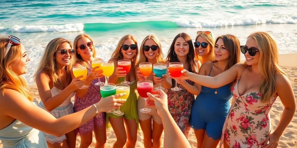 Bachelorette group enjoying cocktails on a Cabo beach.