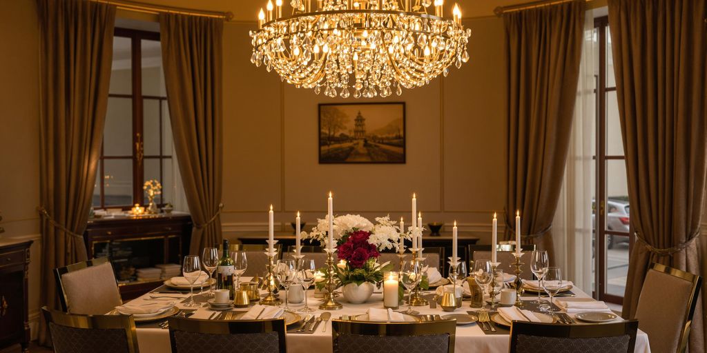 Elegant chandelier above a dining table in a stylish room.