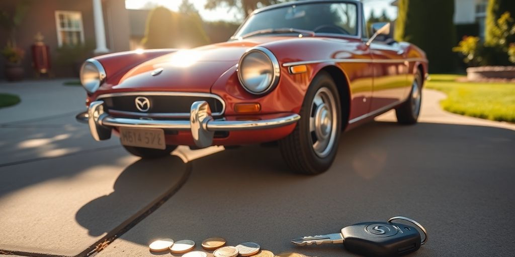 Shiny Mazda with scattered coins and car key