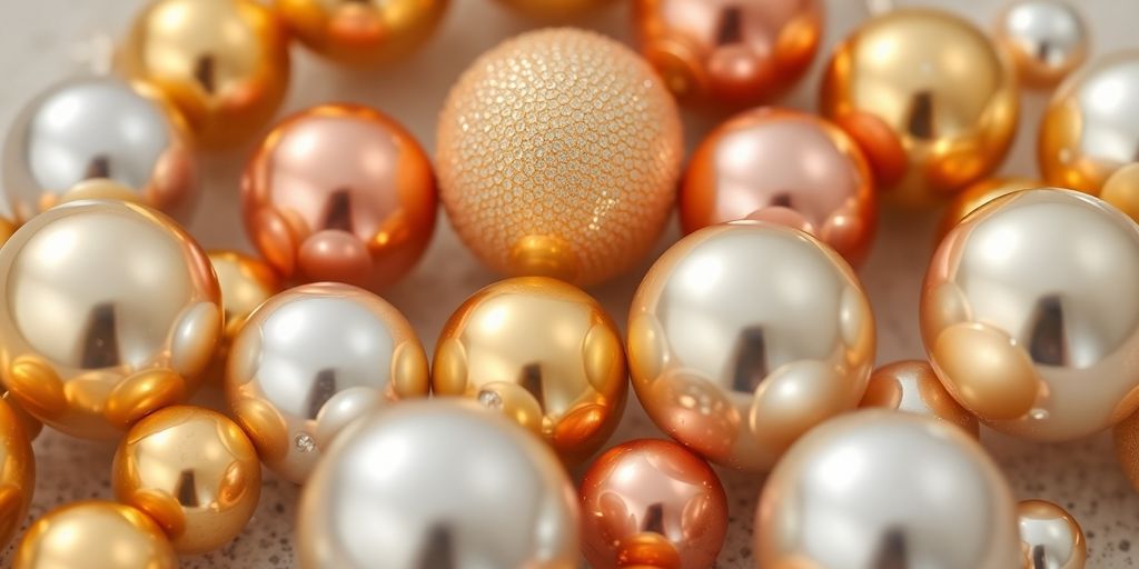 Photographic image of diverse, polished gold, silver, and crystal earring balls.
