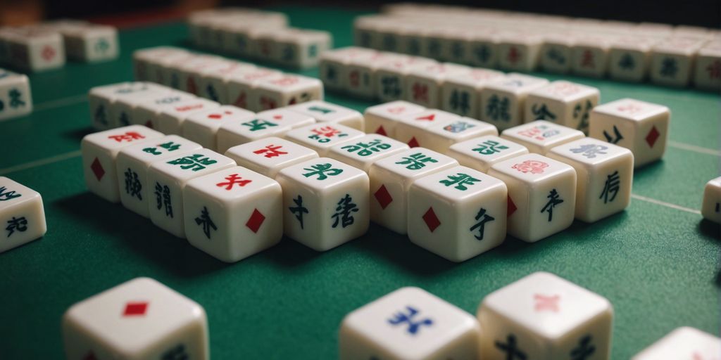 Close-up of bamboo Mahjong tiles in winning layout