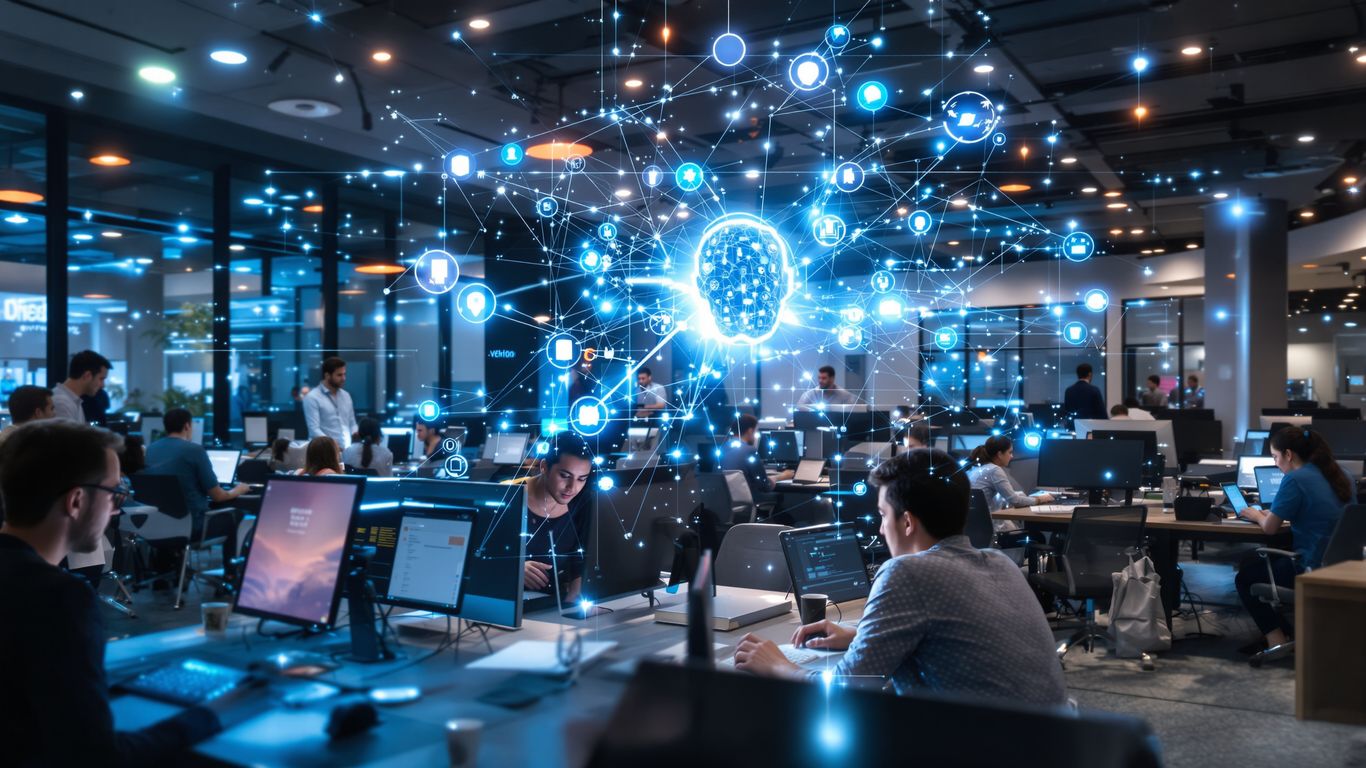 Diverse team with AI holograms in futuristic office