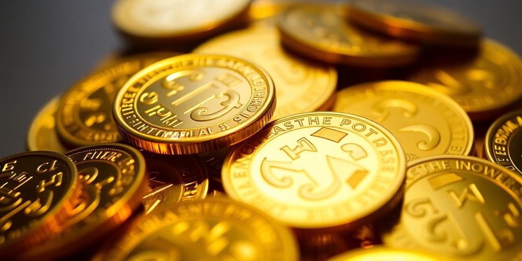 Pièces d'or brillantes sur un fond sombre.