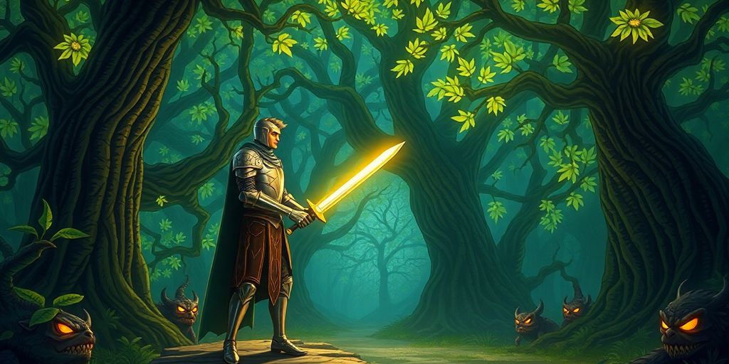 Fantasy warrior battling mythical creatures in a lush forest.