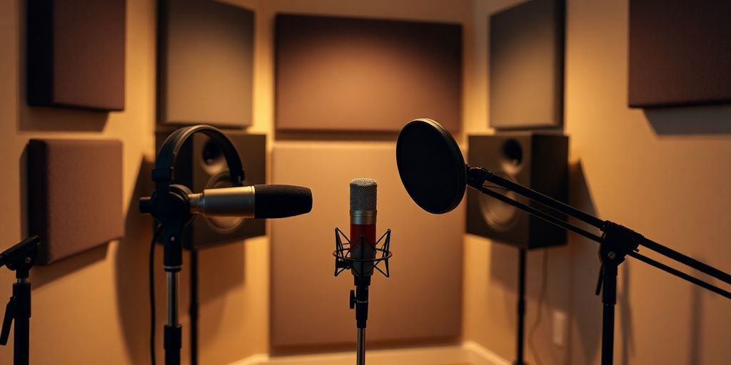 Persona grabando pódcast en un estudio casero.