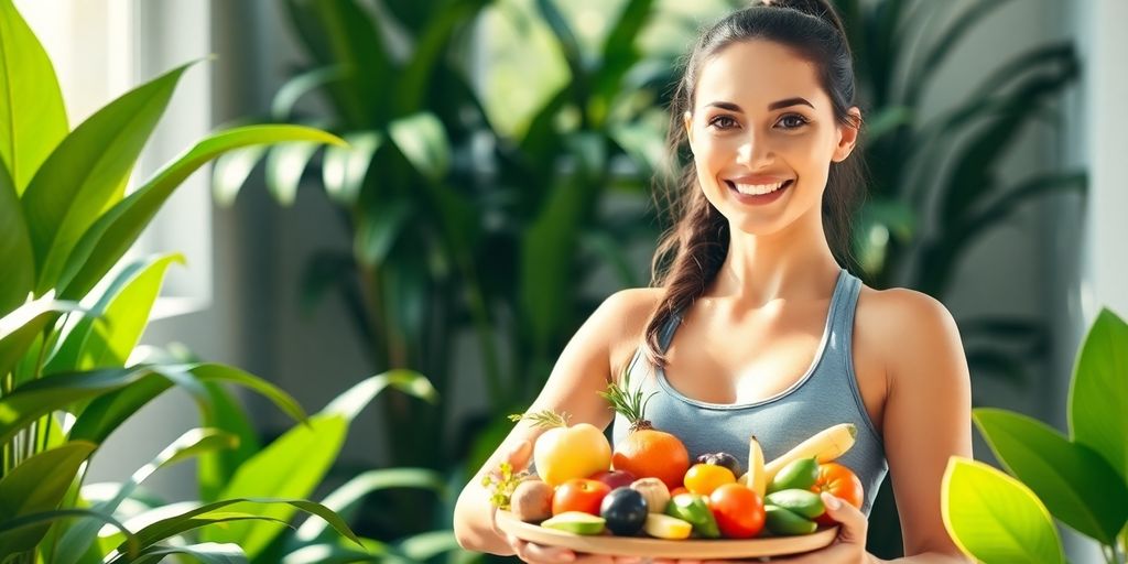 Woman exercising, eating healthy, feeling good