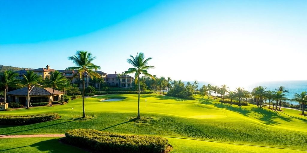 Luxury resort with golf course and palm trees.