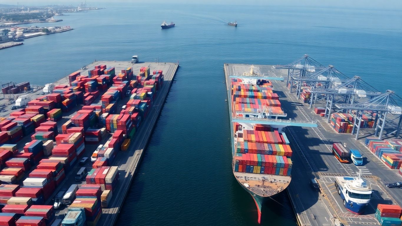 Container ships docked at busy Los Angeles and Long Beach ports.