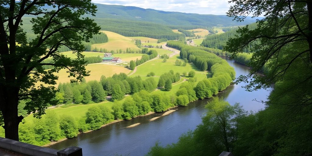 Malerische Landschaft im Saarland mit Hügeln und Wäldern.