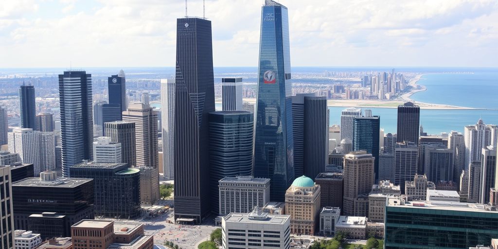 Chicago cityscape with skyscrapers and Lake Michigan