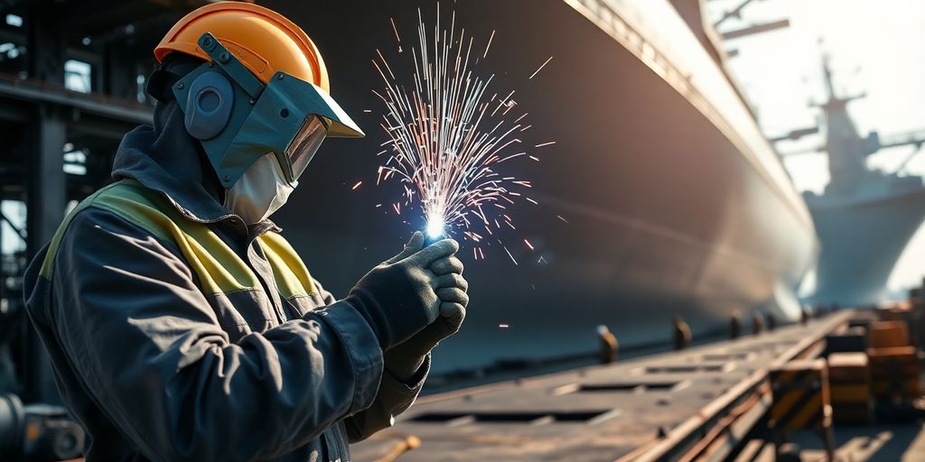 Shipyard welders working on large vessel.
